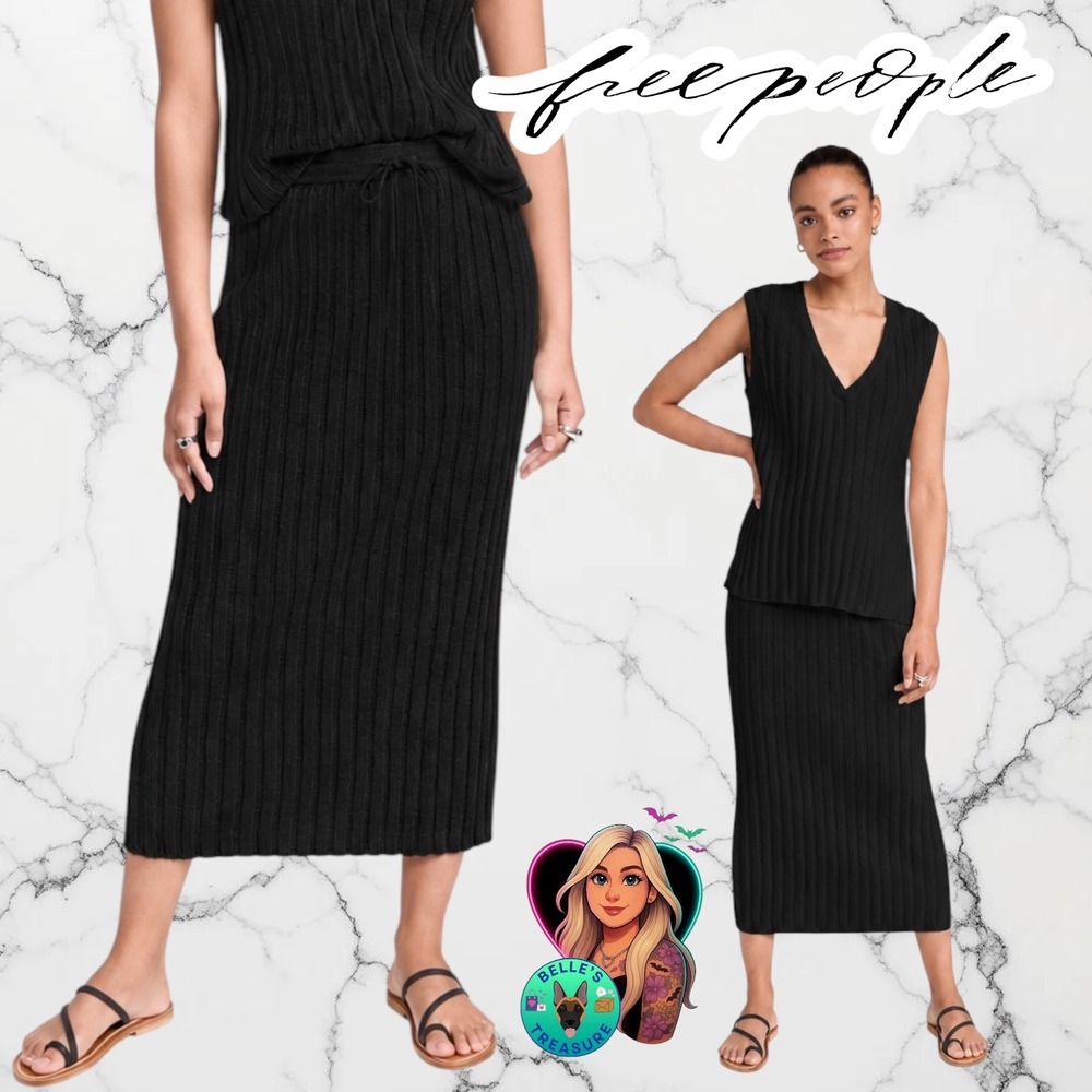 Free People Beach Veda Sweater Skirt Black Ribbed Knit Linen Midi Womens Medium